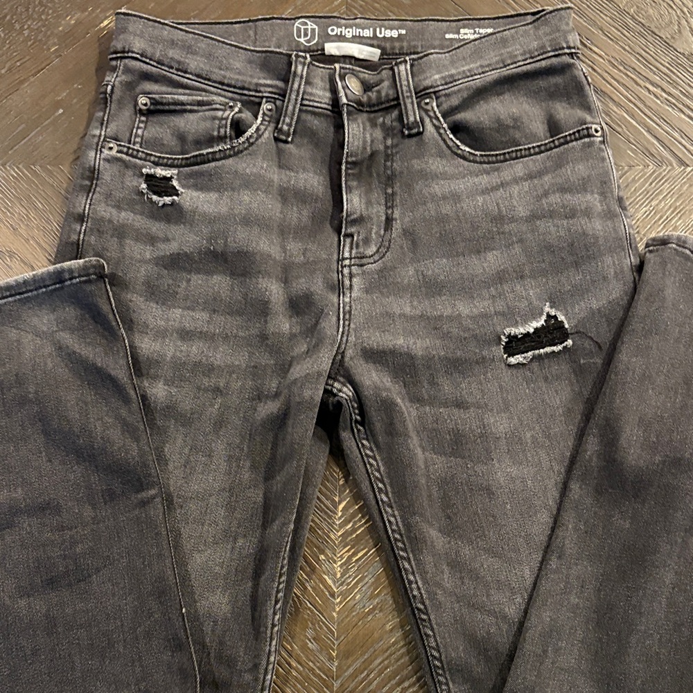 Original Use Charcoal Distressed men’s slim taper Jeans